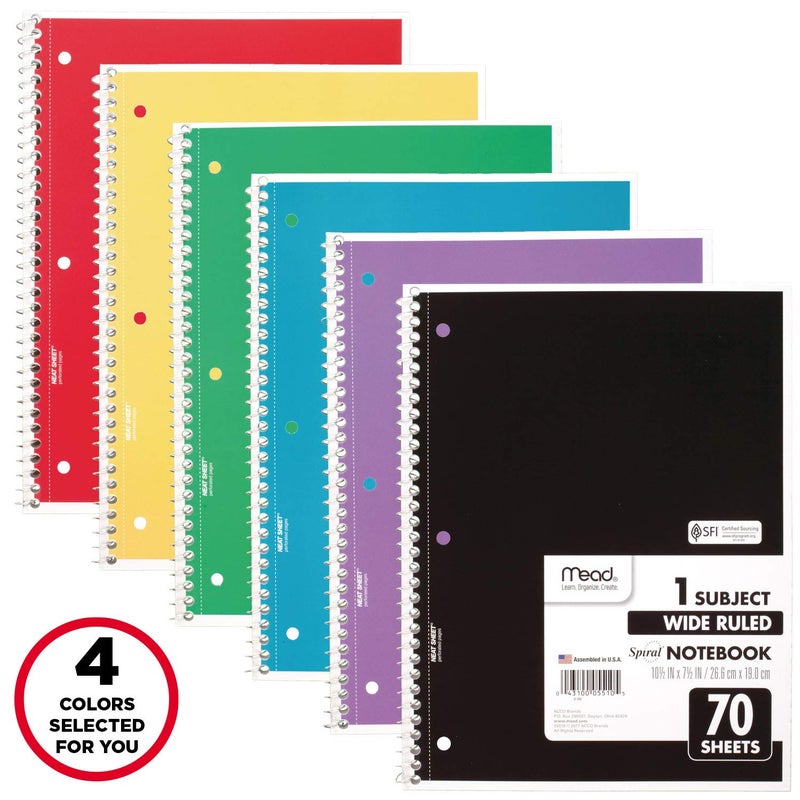 Mead Spiral Notebook, 4 Pack, 1 Subject, Wide Ruled Paper, 7-1/2" x 10-1/2", 70 Sheets per Notebook, Colors Will Vary (930200-ECM25) - Image 2